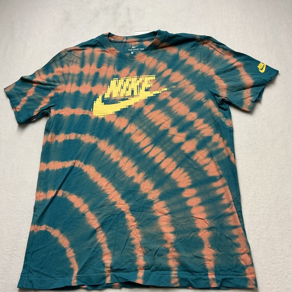 Nike Mens Tie Dye Graphic T-Shirt Teal Coral YellowGlitch Logo Hippie Sz L, 4042